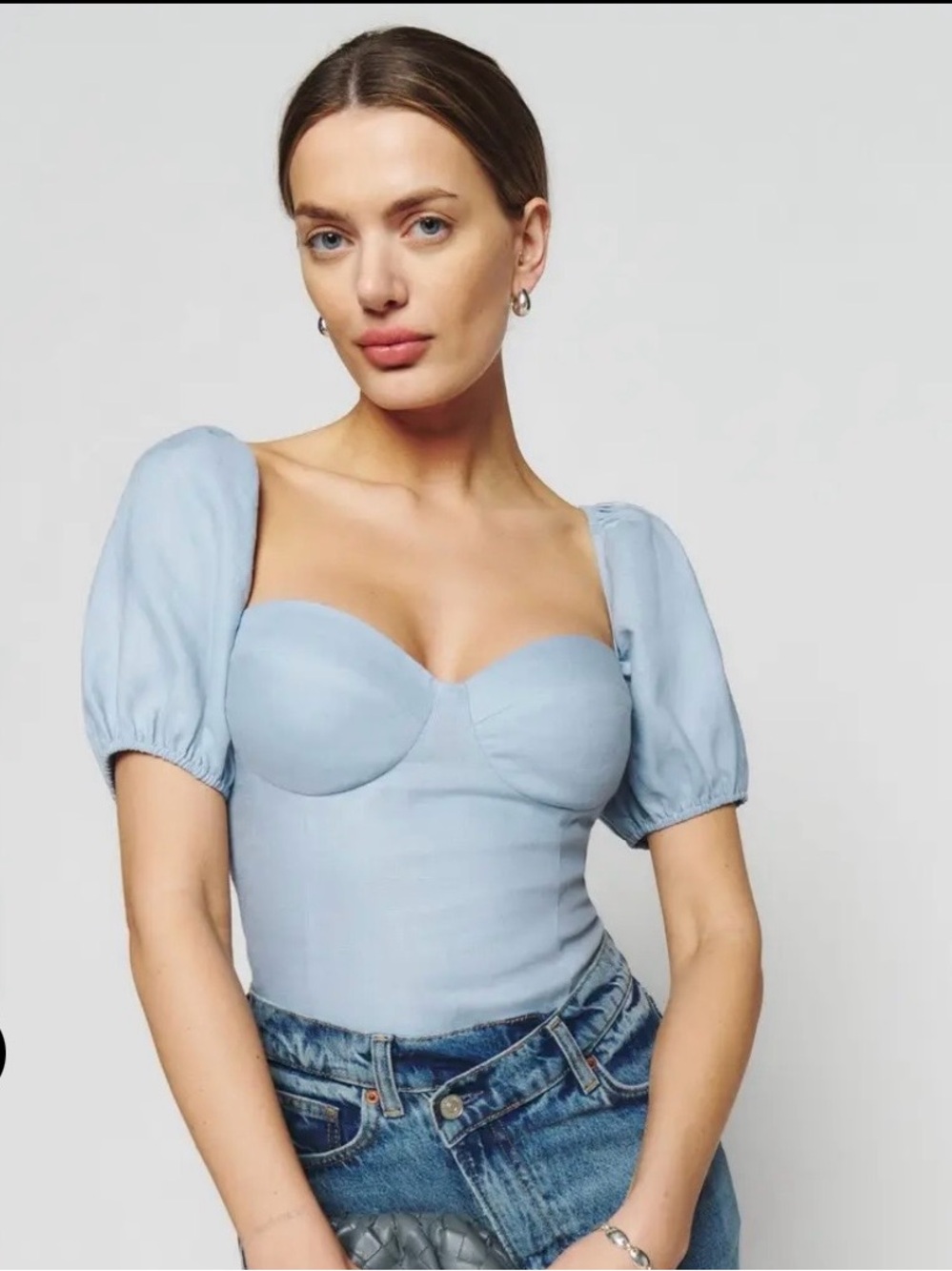 Reformation Light Blue Sweetheart Puff-Sleeve Crop Top